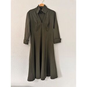 Connected Apparel Stretch Pleated Army Green 3/4 Sleeves Midi Dress, 10